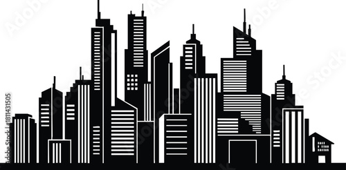 Modern city skyline silhouette with various skyscrapers and urban buildings in black and white graphic design