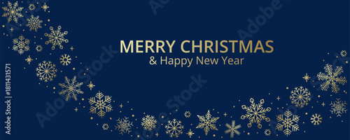 Merry Christmas and Happy New Year background. Gold gradient effect on navy backdrop. Elegant garland of snowflakes. Flat vector illustration. Bold choice for banners, ads, cover, wallpaper