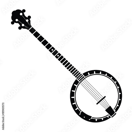 Black and white illustration of a banjo on a white background