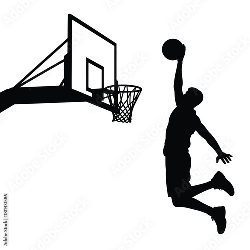 Silhouette of a basketball player dunking on a white background