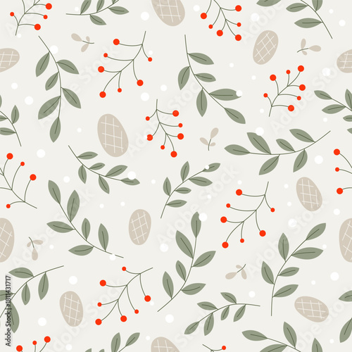 Winter seamless pattern with pine cones and rowan berries