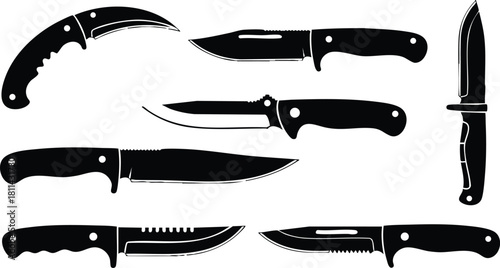 Collection of black silhouette hunting and survival knives with various blade shapes and ergonomic handles