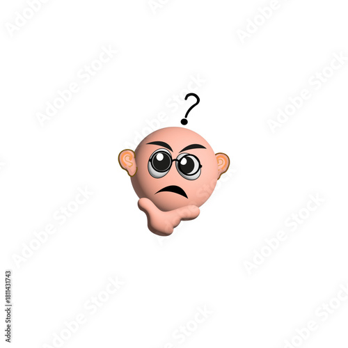 Expression de visage pensif avec main sur le menton et point d'interrogation sur le haut de la tête sur émoticone