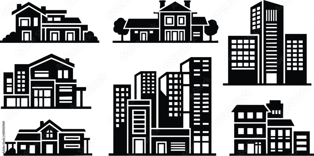 Obraz premium Set of modern residential and commercial buildings silhouettes in black design for real estate and architecture projects