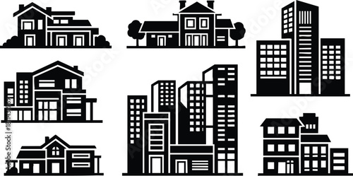 Set of modern residential and commercial buildings silhouettes in black design for real estate and architecture projects