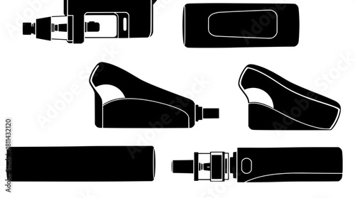 Flat-design visual of four stylized vape devices depicted as black silhouettes with precise white outline detailing, arranged symmetrically across a plain white background, with each device featuring 