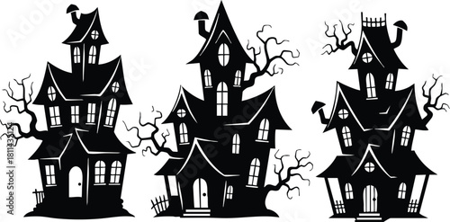 Spooky black silhouette haunted houses with crooked windows and bare trees halloween theme illustration