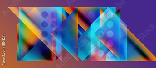Abstract geometric composition. Vivid colors blend, creating dynamic triangular shapes, circles, layered effects. Modern digital art.