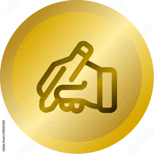 Shiny Gold Round Button With Feather Pen Quill Vector Icon