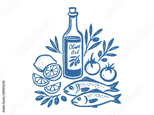 Seafood set with olive oil in engraved style vector illustration