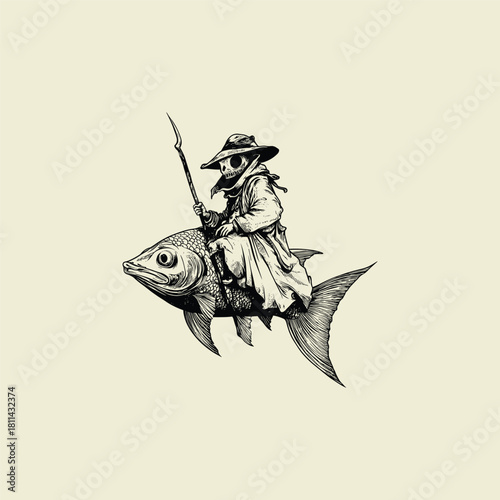 Surreal dark illustration depicting a mysterious Plague Doctor figure in a long cloak and bird mask, riding on the back of a large, flowing fish while holding a clawed scepter