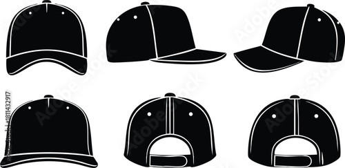 Black baseball caps in multiple angles set with different views and styles vector illustration