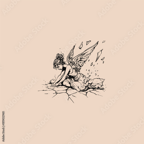 Dramatic illustration of a broken angel or seraph kneeling in sorrow on cracked earth vector template