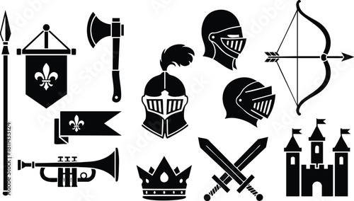 Medieval knight helmet sword crown castle banner axe bow arrow trumpet set in black silhouette vector illustration