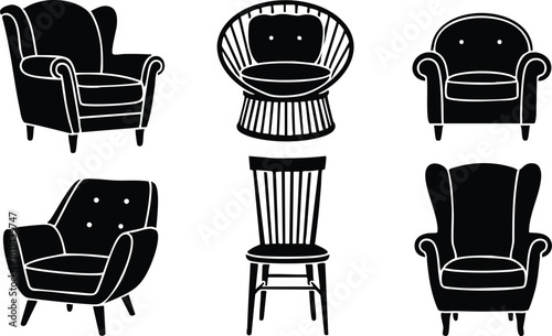 Six vintage black armchair and chair silhouettes vector collection for interior design and decoration ideas