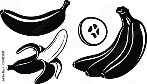Black and white banana illustration showing whole and peeled bananas with cross section slice vector art