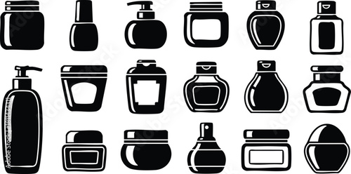 Collection of cosmetic product containers silhouettes including jars bottles and dispensers in black and white style