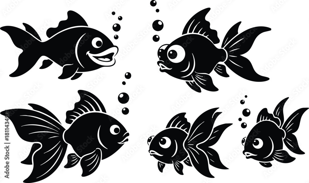 Obraz premium Group of five cartoon fish blowing bubbles simple black silhouette vector illustration