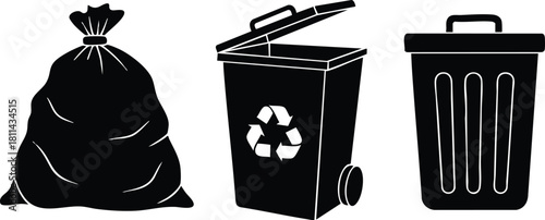 Garbage bag and recycling bin icons in black silhouette style for waste management and environmental awareness