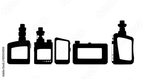 High-contrast black-on-white silhouette lineup of four uniquely shaped vaping devices, each featuring distinct white-detailed screens and buttons, with varying screen sizes and button layouts, present