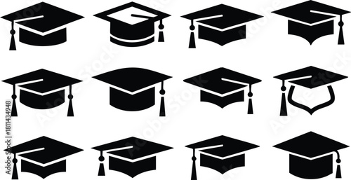 Graduation caps collection black silhouette icons set in simple flat style for academic achievement and celebration designs