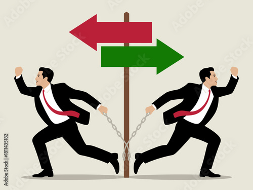 This artwork portrays two suited individuals chained apart, representing the struggle between choices and the challenge of navigating life's dilemmas and decisions.