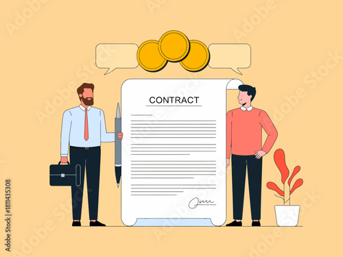 Two men in business attire discussing and holding a large contract document, representing negotiation, agreement, and a formal business partnership gesture.