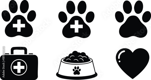 Black pet care icons featuring paws with medical crosses, first aid kit, food bowl, and heart symbol for animal health and love