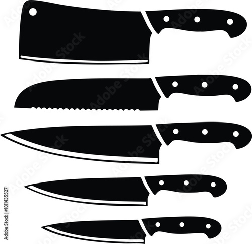 Set of kitchen knives including cleaver serrated and chef knives with black handles in silhouette style