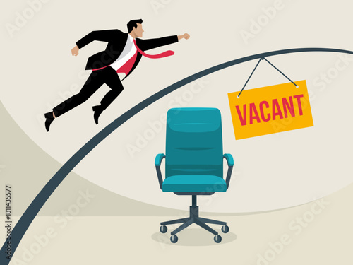 A dynamic illustration of a businessman flying in the air towards a vacant office chair, representing career opportunities, ambition, and job searches in a corporate environment.