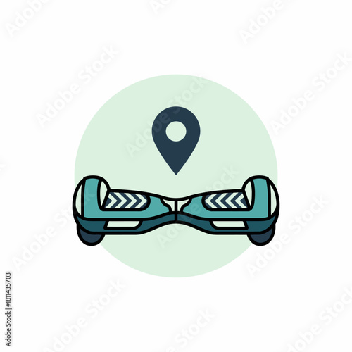 A sleek illustration of a hoverboard paired with a location pin, symbolizing modern transportation methods and the fusion of technology with mobility in an imaginative visual.