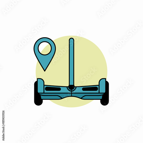 A modern graphic design featuring a hoverboard and a location marker, symbolizing adventure, mobility, and modern transportation solutions in a digital age.