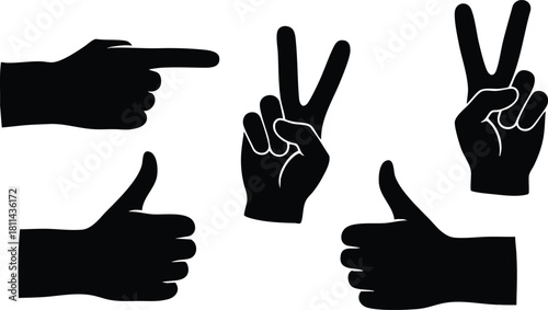 Black silhouette hands showing peace and thumbs up gestures isolated on white background in vector style