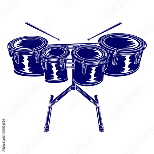 Stylized silhouette of a quatro multi-tom drum set with stand and sticks, perfect for marching percussion visuals, music posters, and creative graphic design materials.