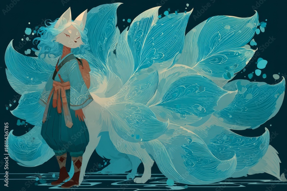 Obraz premium Anime style illustration featuring a mythological shapeshifter with a mask and flowing blue tails