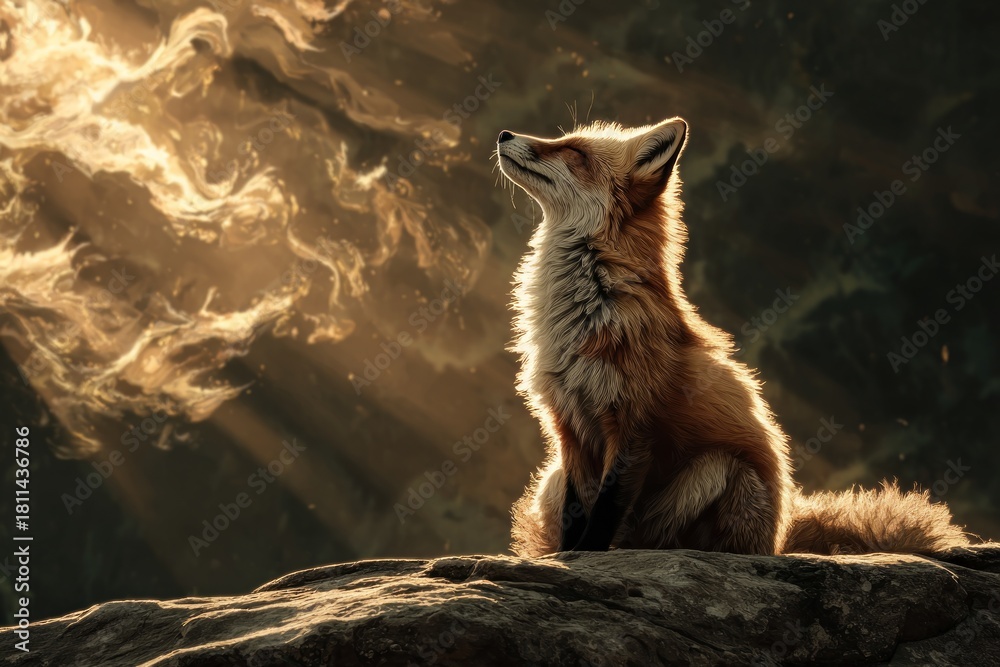 Obraz premium Fox sitting on a rock, basking in glowing golden sunlight and mystical energy