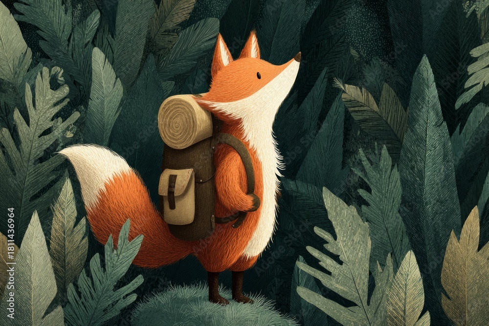 Naklejka premium Curious fox wearing an old backpack and rolling mat exploring dense green forest nature