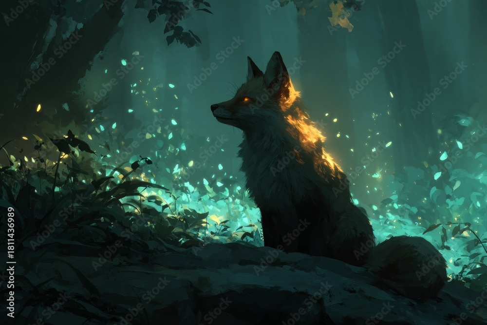 Naklejka premium Fox standing in a dark forest with glowing fur and magical floating leaves around