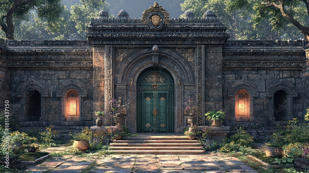 Fototapeta premium Ancient stone gate, lush garden, forest background; game, film, fantasy setting