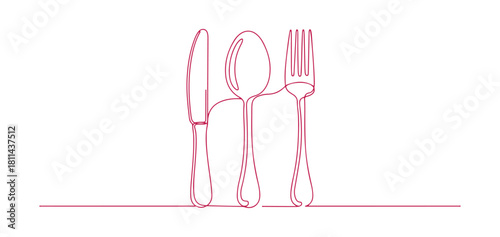 Continuous line art featuring a fork, knife, and spoon in a sleek contemporary look, suitable for restaurant themes and culinary designs. Editable vector illustration.