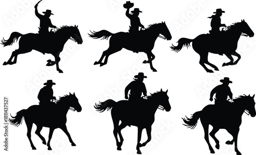 Cowboy silhouettes riding horses in dynamic poses western style black vector art illustration