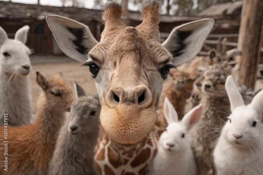 Fototapeta premium Giraffe and rabbits along with other animals gathering for a close-up group portrait