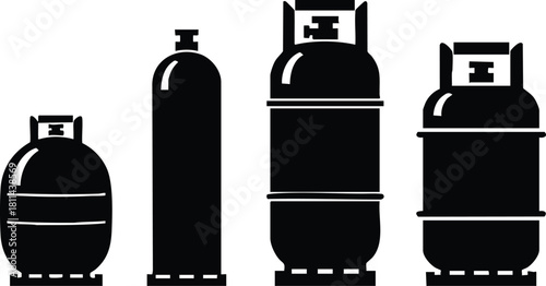 Propane and gas cylinders silhouette set for industrial and home use in black style