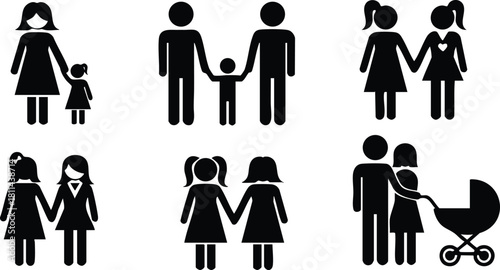 Diverse family icons showing different family types with children and parents in simple black silhouette style