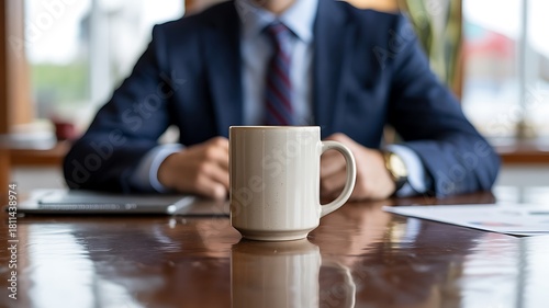 Close-Up of Businessman Holding Ceramic Mug at Polished Wooden Table in Office or Cafe, Calm Professional Scene