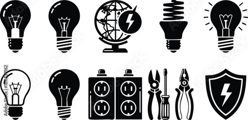 Collection of black and white electric energy icons including light bulbs, globe, plug, tools, and shield symbols