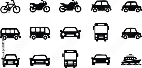 Black and white transportation icons including bicycle, motorcycles, cars, buses, and boat vector symbols in simple design