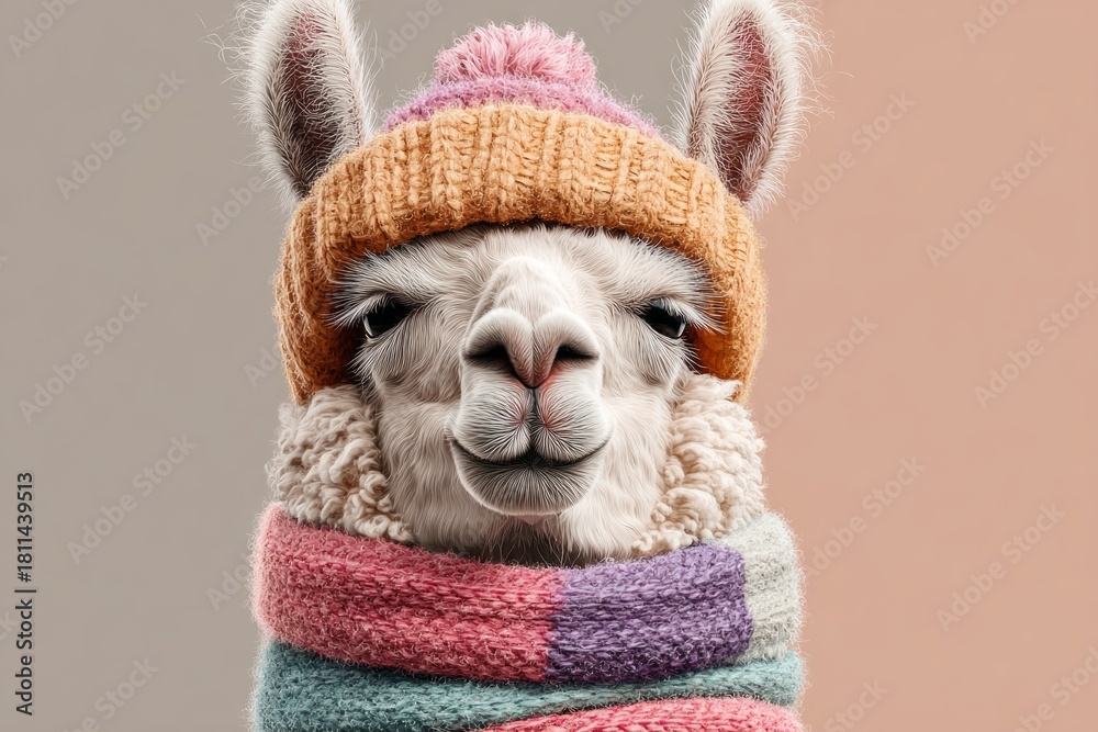 Naklejka premium Llama animal wearing a colorful knitted beanie and scarf, staying warm during winter
