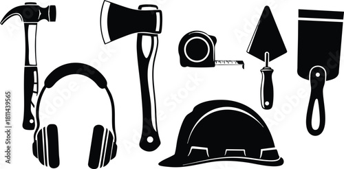 Construction tools and safety equipment including hammer, axe, measuring tape, trowel, putty knife, headphones, and hard hat silhouette set