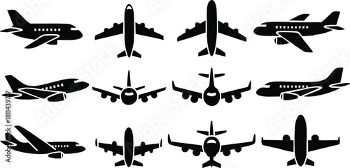 Airplane icon set with multiple airplane silhouettes in different angles and positions vector design